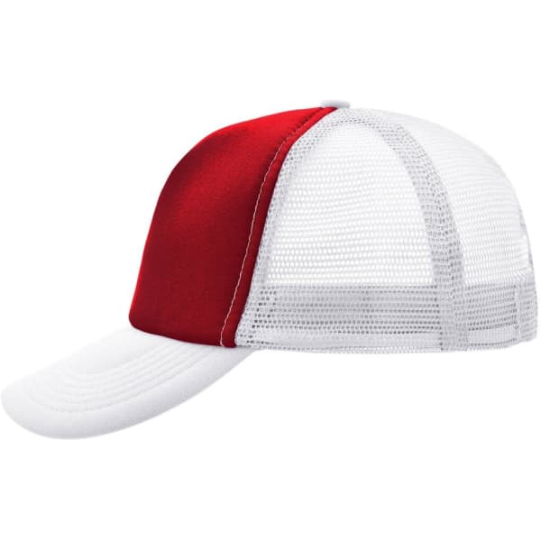 A red and white 5-panel polyester mesh trucker cap featuring a structured design and a rear mesh panel.