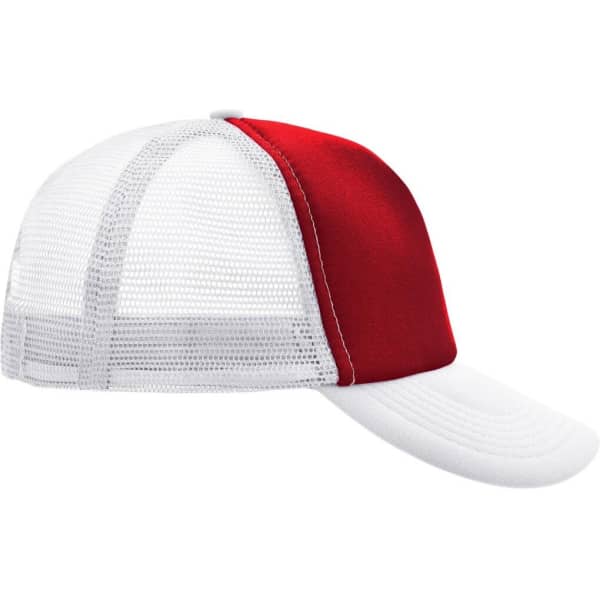 A red and white trucker cap with mesh panels and a curved brim. It features a logo on the front.