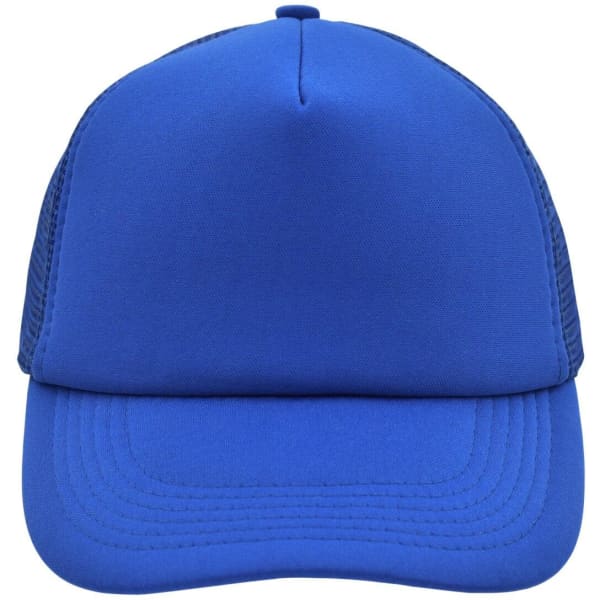 A blue 5 Panel Polyester Mesh Trucker cap with a solid front and mesh sides. Features a branded logo.