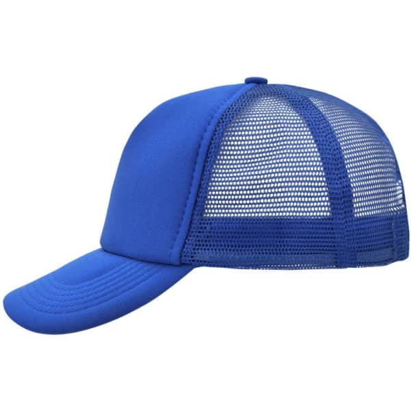 A blue 5-panel polyester mesh trucker cap featuring a solid front and mesh back, with a curved brim and a logo.