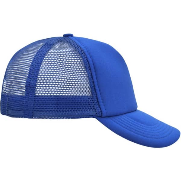 A blue 5-panel polyester mesh trucker cap with a curved brim and mesh rear panels. It features a logo.