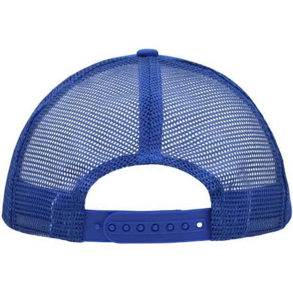 A blue 5 Panel Polyester Mesh Trucker hat featuring a mesh back and adjustable strap. It has a branding logo.