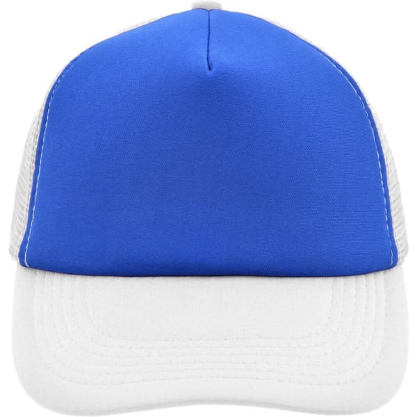 A blue and white five-panel polyester mesh trucker cap with a solid front and mesh sides.