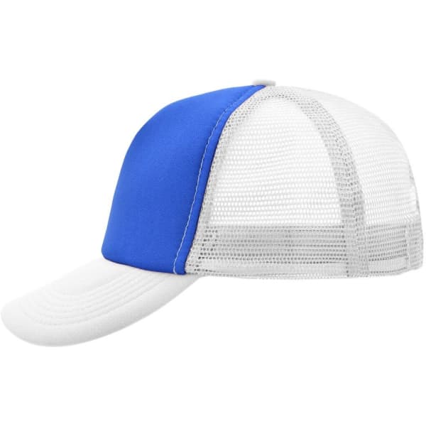 A blue and white 5-panel polyester mesh trucker cap, featuring a breathable mesh back and a curved brim.