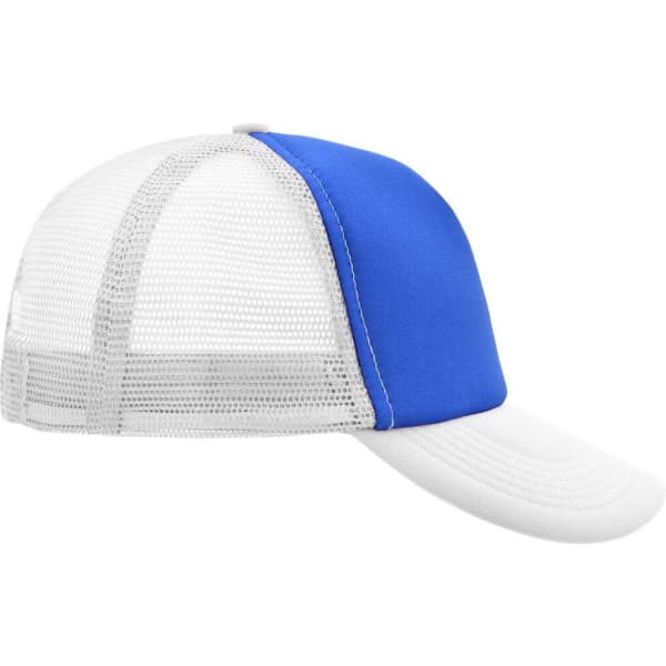 A blue and white 5 panel polyester mesh trucker cap, featuring a mesh back and solid front panel.