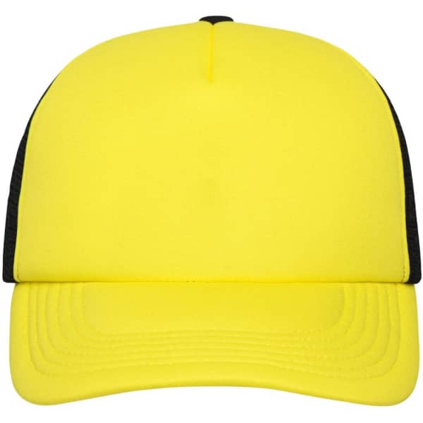 A bright yellow 5 panel polyester mesh trucker cap with black mesh sides and a curved visor.