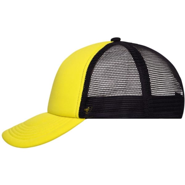 A yellow and black 5 Panel Polyester Mesh Trucker cap with a mesh back and curved brim, featuring a logo.