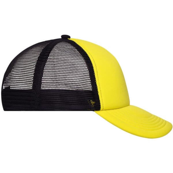 A yellow and black 5 Panel Polyester Mesh Trucker cap with a mesh back and curved peak. Features a logo.
