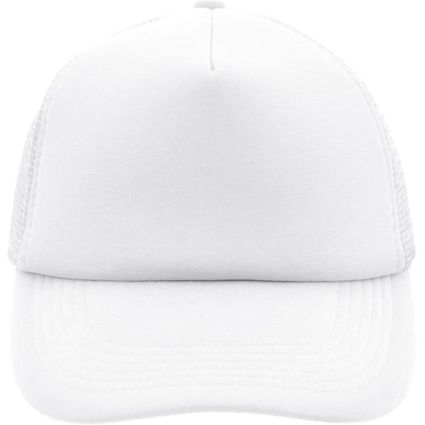 A white 5 Panel Polyester Mesh Trucker cap with a solid front and mesh sides. It features a logo on the front.