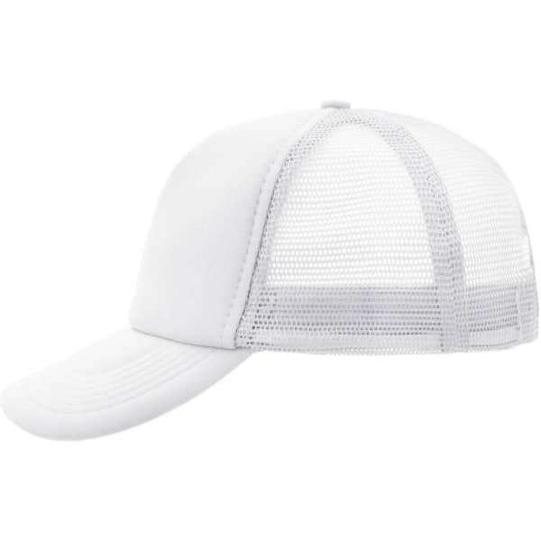 A white 5 panel polyester mesh trucker cap featuring a solid front and mesh sides for ventilation. It has a branded logo.