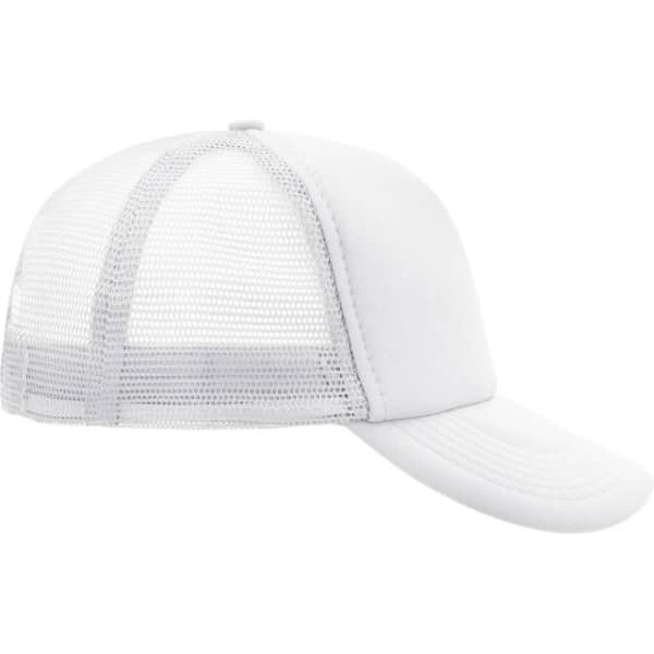 A white 5-panel polyester mesh trucker hat with a solid front and mesh back, featuring a logo.