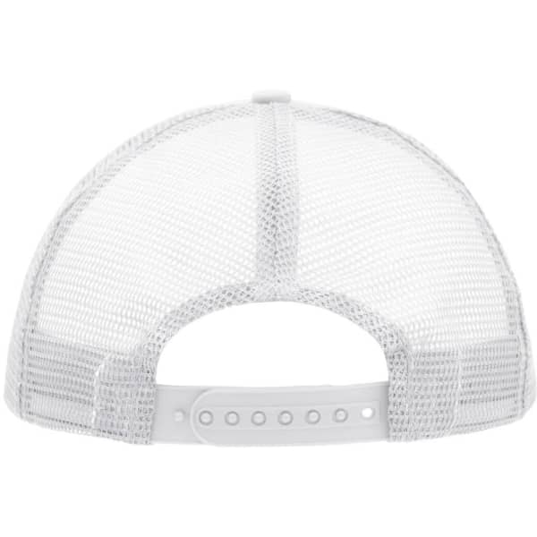 A white 5-panel mesh trucker cap featuring a plastic snapback closure and a mesh design for ventilation.