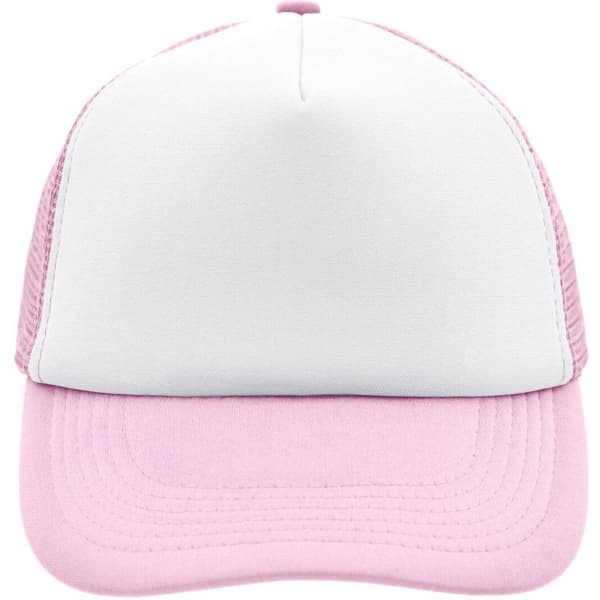 A pink and white 5 Panel Polyester Mesh Trucker cap with a logo on the front.