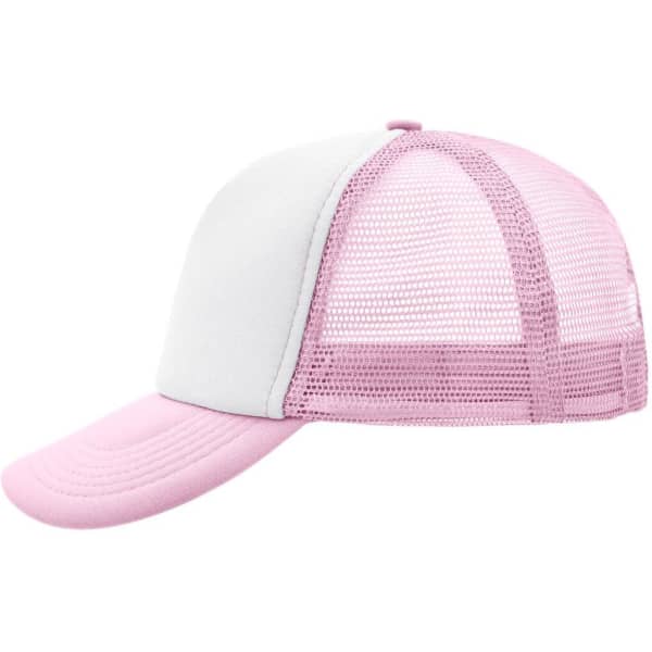 A pink and white 5 Panel Polyester Mesh Trucker hat with a mesh back and curved brim. Includes a logo.