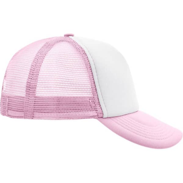 A pink and white 5 panel polyester mesh trucker hat with a curved brim and a mesh back, featuring a logo.