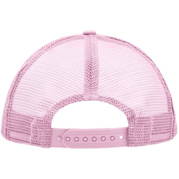 A pink 5 Panel Polyester Mesh Trucker cap with a mesh back and adjustable snap closure. It features a logo.