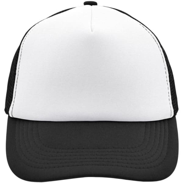 A 5-panel polyester mesh trucker cap in black and white with a structured shape and a logo on the front.