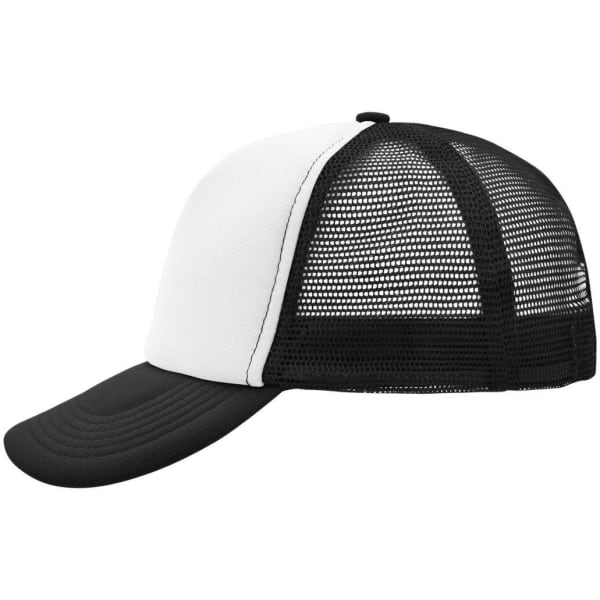A black and white 5 panel polyester mesh trucker cap featuring a solid front and mesh back, with a curved brim and a logo.