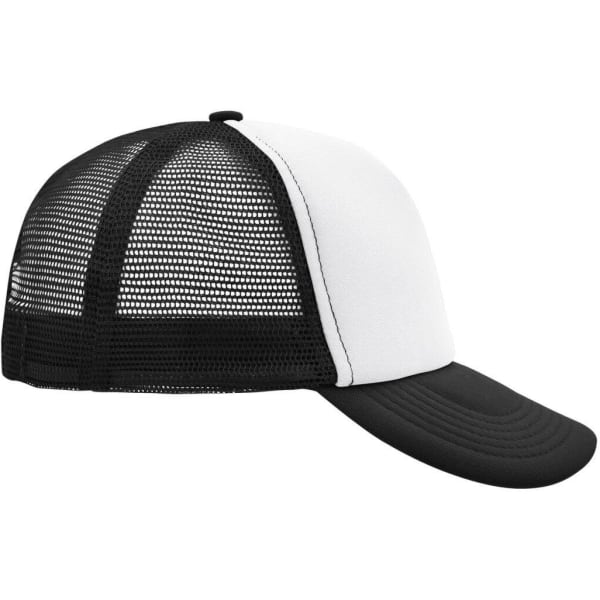 A black and white 5 Panel Polyester Mesh Trucker cap with a mesh back and curved visor.