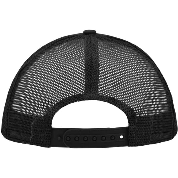 A black 5 Panel Polyester Mesh Trucker cap featuring a mesh back and adjustable strap. Contains a logo.