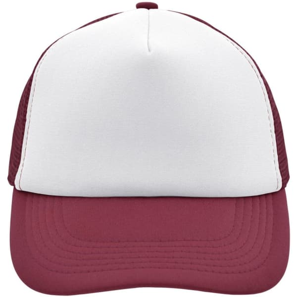 A maroon and white 5 panel polyester mesh trucker cap with a curved brim and a logo on the front.