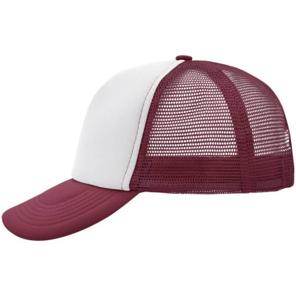 A maroon and white 5 Panel Polyester Mesh Trucker cap with a mesh back and curved brim.