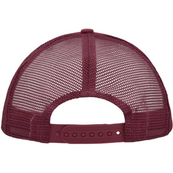 A maroon 5 panel polyester mesh trucker cap with a snapback adjustment at the rear and a logo.