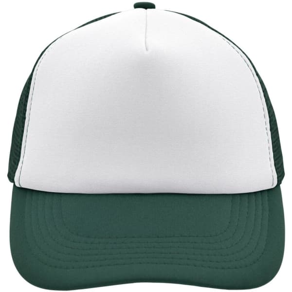 A green and white 5 Panel Polyester Mesh Trucker hat featuring a logo on the front.