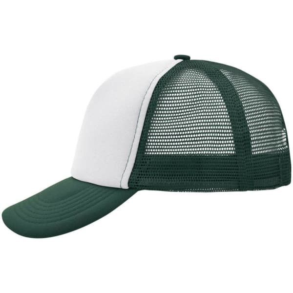 A green and white 5 Panel Polyester Mesh Trucker cap featuring a mesh back and a solid front panel.