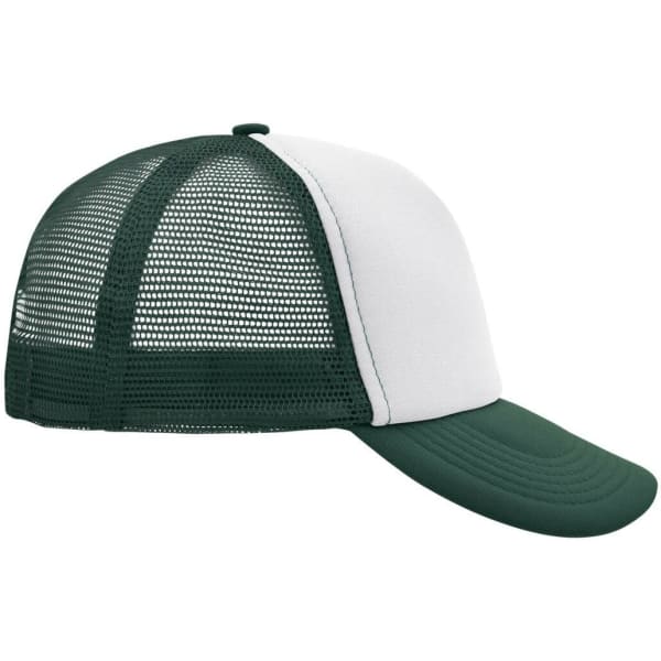 A green and white 5 Panel Polyester Mesh Trucker cap featuring a mesh back and a solid visor.