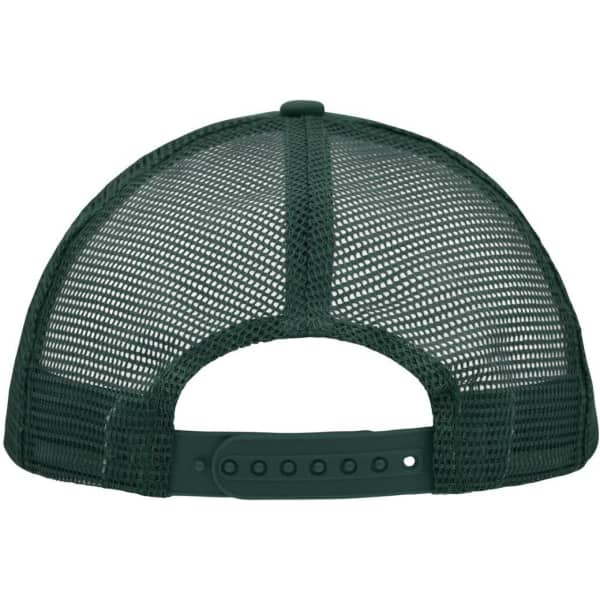 A dark green 5 Panel Polyester Mesh Trucker hat featuring a mesh back and an adjustable strap.