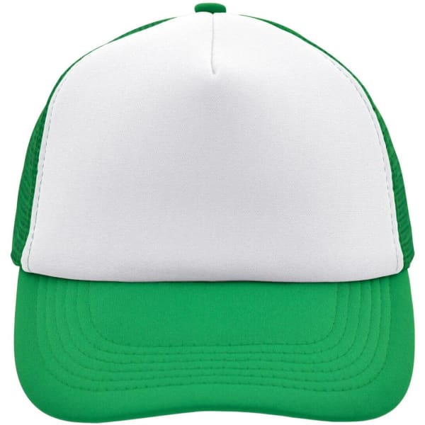 A green and white 5 panel polyester mesh trucker cap featuring a solid green brim and mesh sides.
