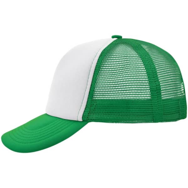 A green and white 5 Panel Polyester Mesh Trucker cap featuring a mesh back and a curved peak.
