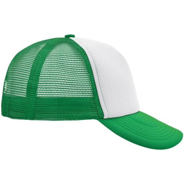 A green and white 5 Panel Polyester Mesh Trucker cap features a mesh back and a curved brim. It includes a logo.