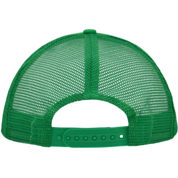 A green 5 Panel Polyester Mesh Trucker cap featuring a mesh back and adjustable strap.
