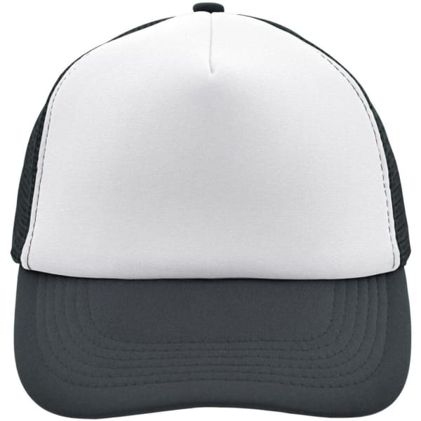 A 5-panel trucker cap featuring a white front and a grey mesh back, with stitching on the visor and a logo.