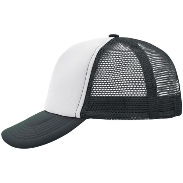 A black and white 5-panel polyester mesh trucker cap with a curved brim and mesh back. It features a logo.