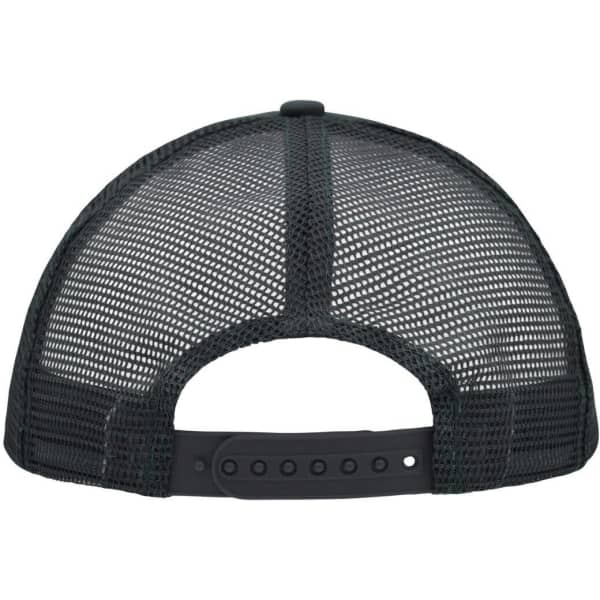 A black 5-panel polyester mesh trucker cap with a snapback closure and a logo on the back.
