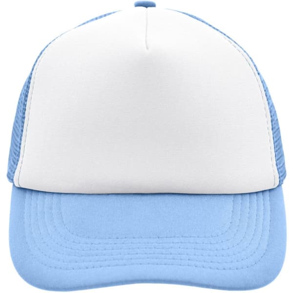 A 5 panel trucker cap featuring a white front and light blue mesh sides and brim, with a logo present.