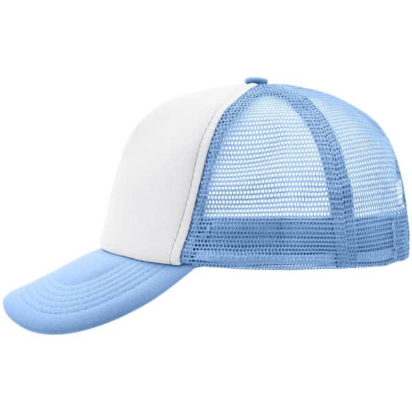 A light blue and white 5-panel polyester mesh trucker cap with a curved brim and a mesh back.