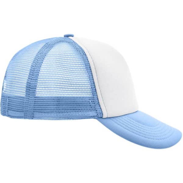A light blue and white 5 panel polyester mesh trucker cap with a curved brim and a rear mesh panel.