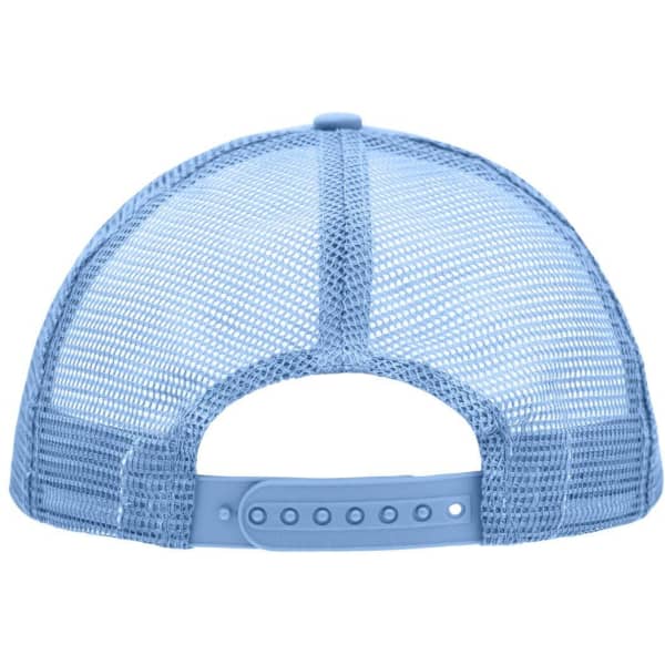 A light blue 5 panel polyester mesh trucker cap with a plastic adjustable strap at the back.