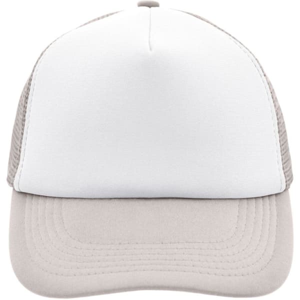 A grey and white 5 Panel Polyester Mesh Trucker cap with a solid front and mesh sides. It features a logo on the front.