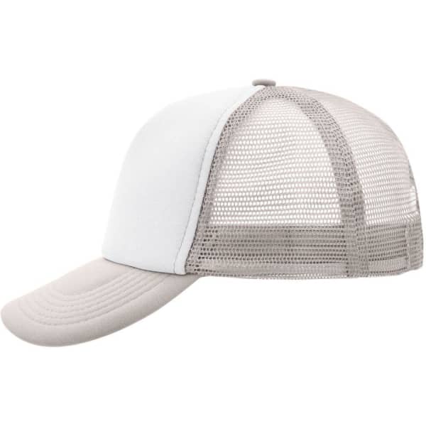 A grey and white 5 Panel Polyester Mesh Trucker cap with a mesh back and a curved visor. It features a logo.