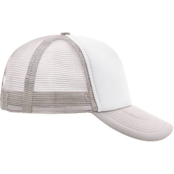 A 5-panel polyester mesh trucker cap in white and light grey, featuring a structured front and mesh back.