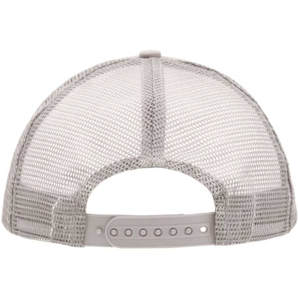A grey 5 Panel Polyester Mesh Trucker cap with a mesh design and an adjustable strap at the back.