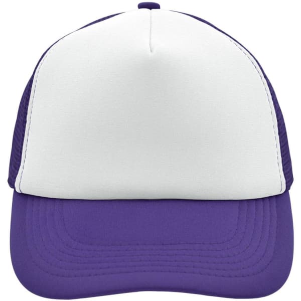 A purple and white 5 panel polyester mesh trucker cap with a solid front panel and a curved brim.