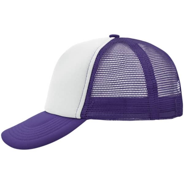 A purple and white 5 panel polyester mesh trucker cap with a curved brim and mesh back. It features a logo.