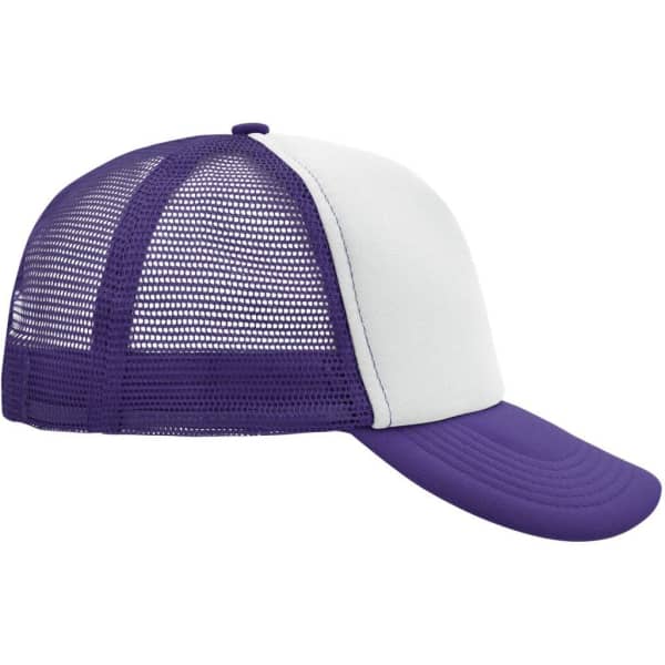 A purple and white 5 Panel Polyester Mesh Trucker cap with a mesh back and a solid brim, featuring a logo.