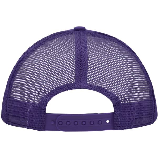 A purple 5-panel polyester mesh trucker cap featuring a plastic snapback closure and a mesh design at the back.